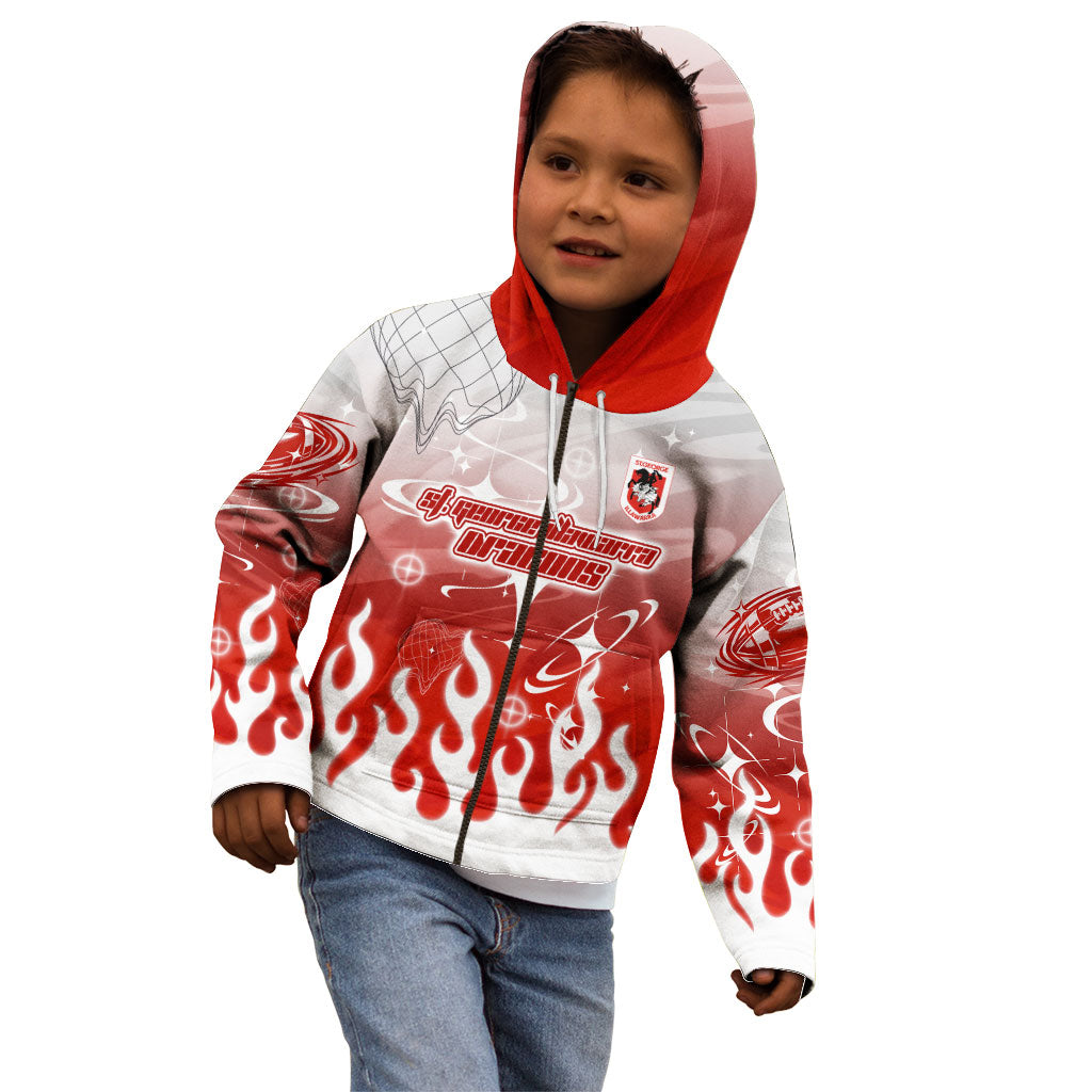 Personalized St. George Illawarra Dragons Kid Hoodie Y2K Grunge Aesthetic With Cyber Flames and Starburst Graphics