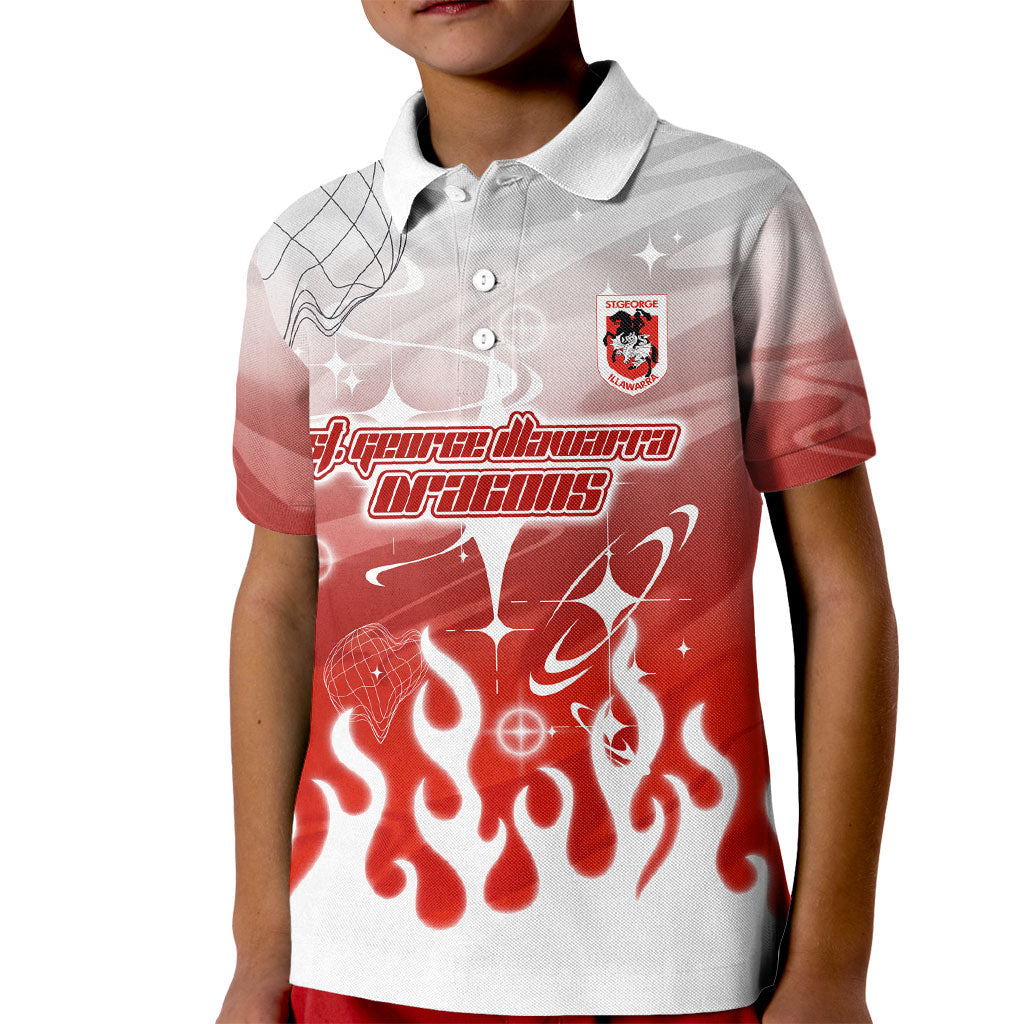 Personalized St. George Illawarra Dragons Kid Polo Shirt Y2K Grunge Aesthetic With Cyber Flames and Starburst Graphics