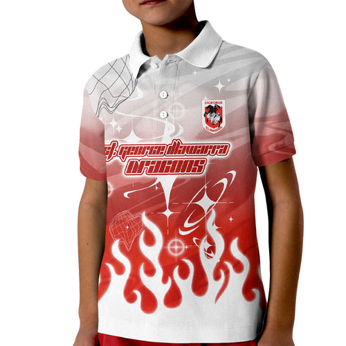 Personalized St. George Illawarra Dragons Kid Polo Shirt Y2K Grunge Aesthetic With Cyber Flames and Starburst Graphics