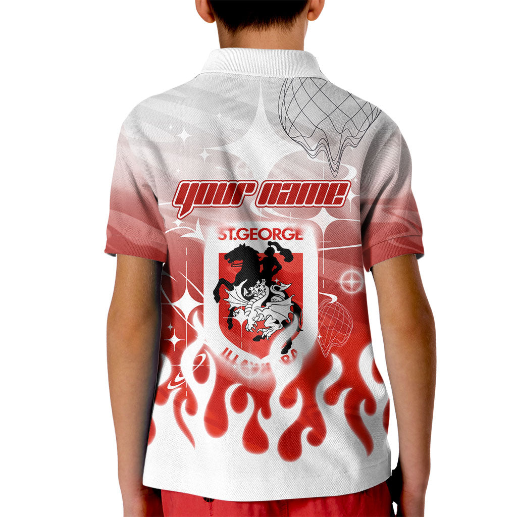 Personalized St. George Illawarra Dragons Kid Polo Shirt Y2K Grunge Aesthetic With Cyber Flames and Starburst Graphics