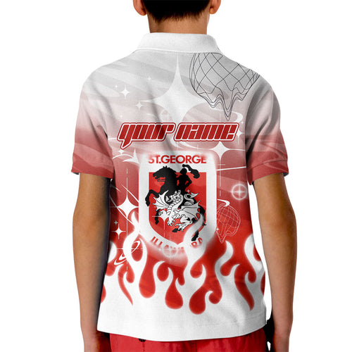 Personalized St. George Illawarra Dragons Kid Polo Shirt Y2K Grunge Aesthetic With Cyber Flames and Starburst Graphics