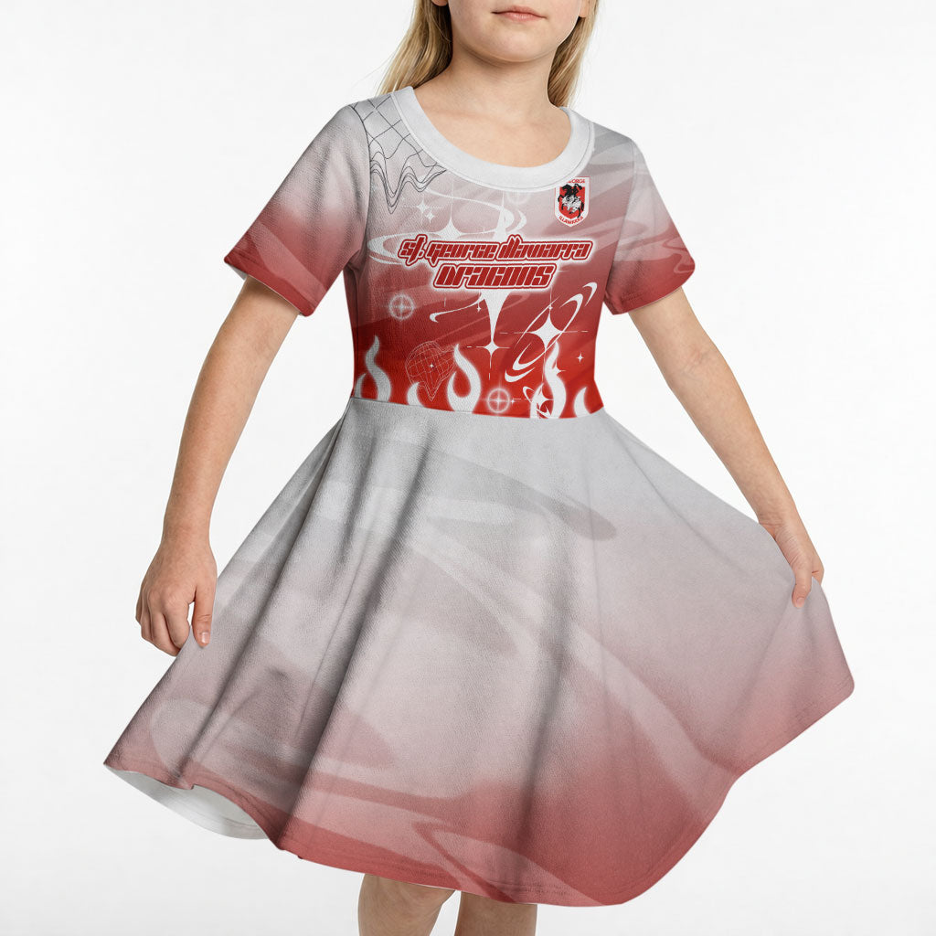 Personalized St. George Illawarra Dragons Kid Short Sleeve Dress Y2K Grunge Aesthetic With Cyber Flames and Starburst Graphics