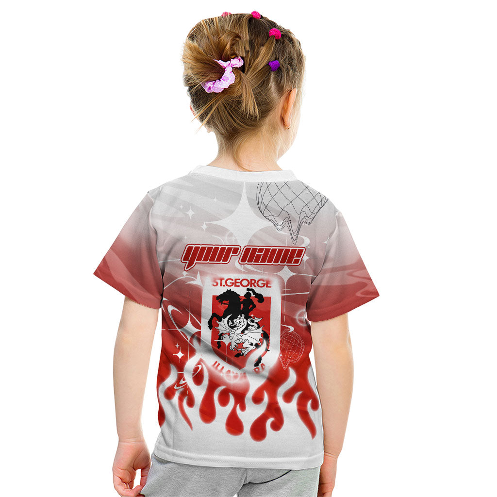 Personalized St. George Illawarra Dragons Kid T Shirt Y2K Grunge Aesthetic With Cyber Flames and Starburst Graphics