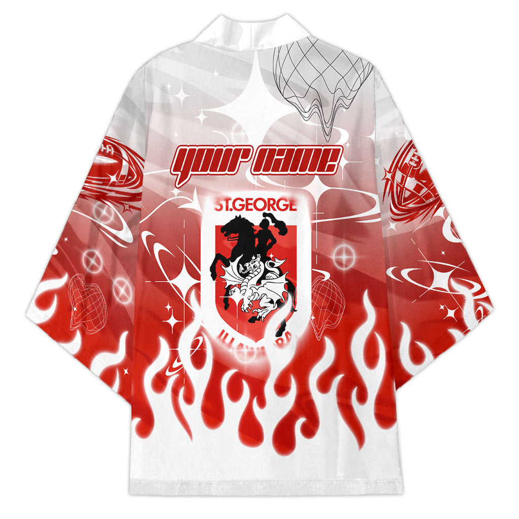 Personalized St. George Illawarra Dragons Kimono Y2K Grunge Aesthetic With Cyber Flames and Starburst Graphics