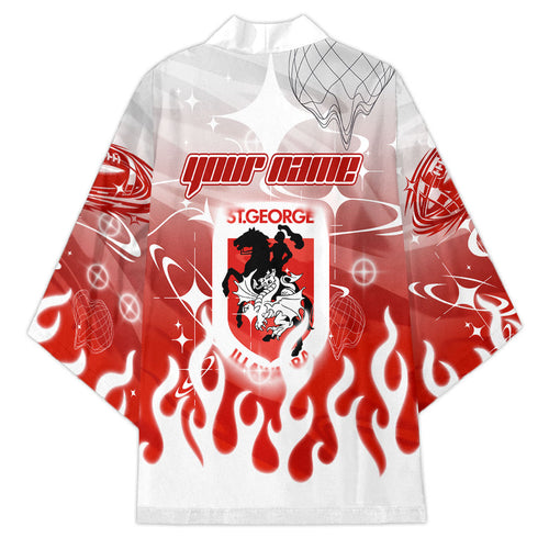 Personalized St. George Illawarra Dragons Kimono Y2K Grunge Aesthetic With Cyber Flames and Starburst Graphics