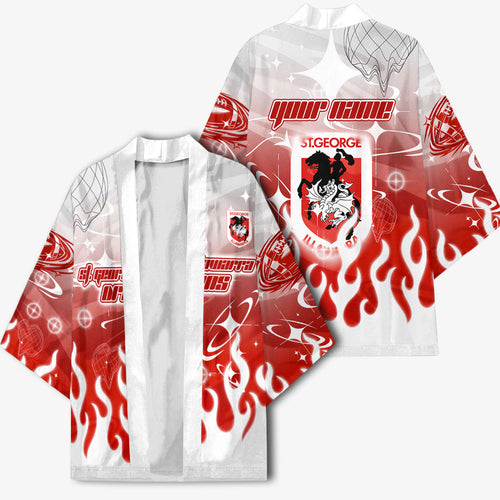 Personalized St. George Illawarra Dragons Kimono Y2K Grunge Aesthetic With Cyber Flames and Starburst Graphics