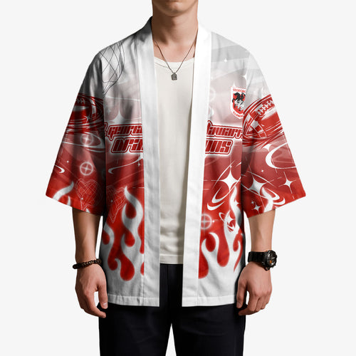Personalized St. George Illawarra Dragons Kimono Y2K Grunge Aesthetic With Cyber Flames and Starburst Graphics