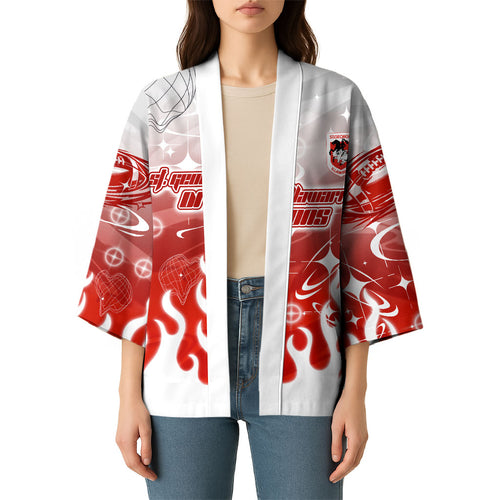 Personalized St. George Illawarra Dragons Kimono Y2K Grunge Aesthetic With Cyber Flames and Starburst Graphics