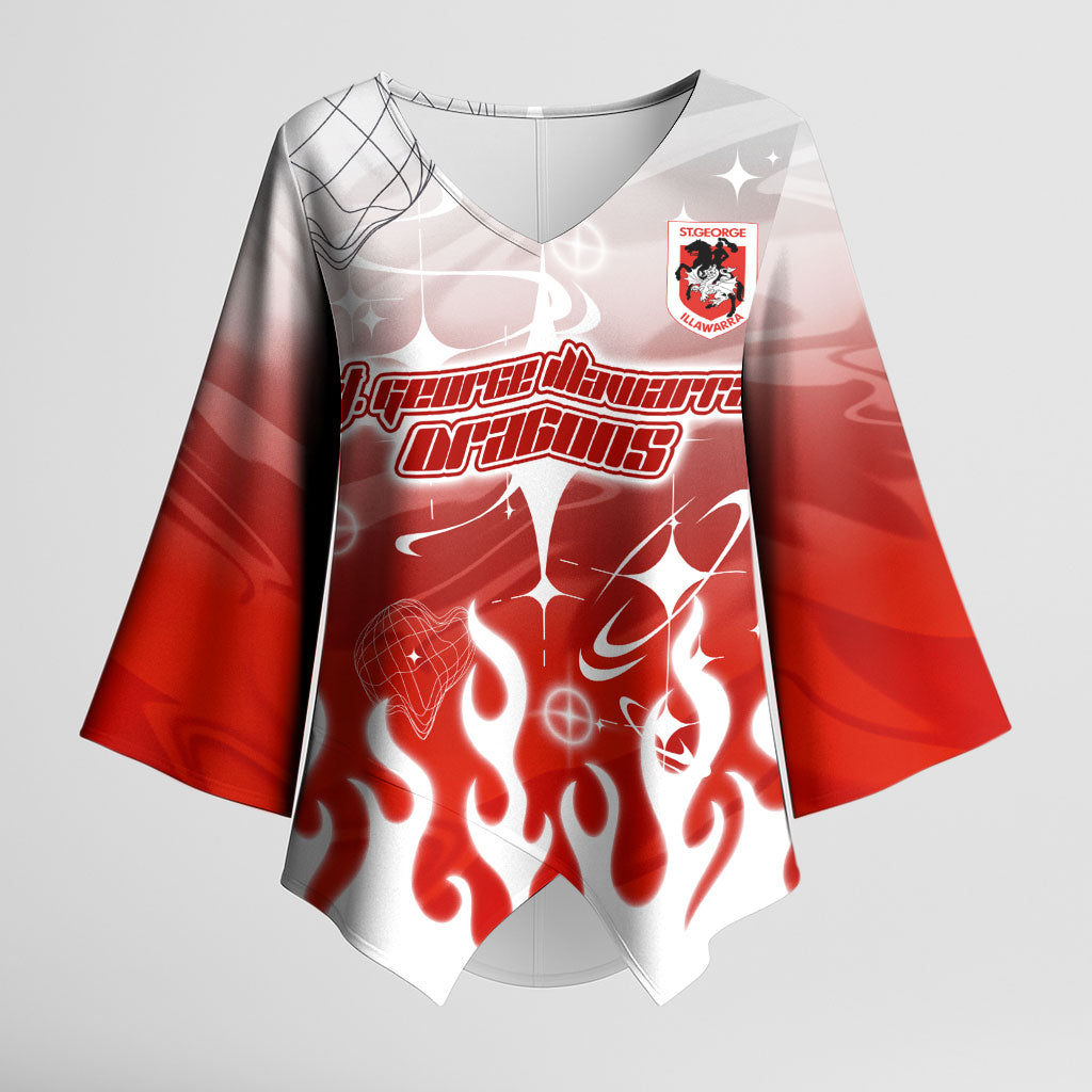 Personalized St. George Illawarra Dragons Kimono Sleeve Blouse Y2K Grunge Aesthetic With Cyber Flames and Starburst Graphics