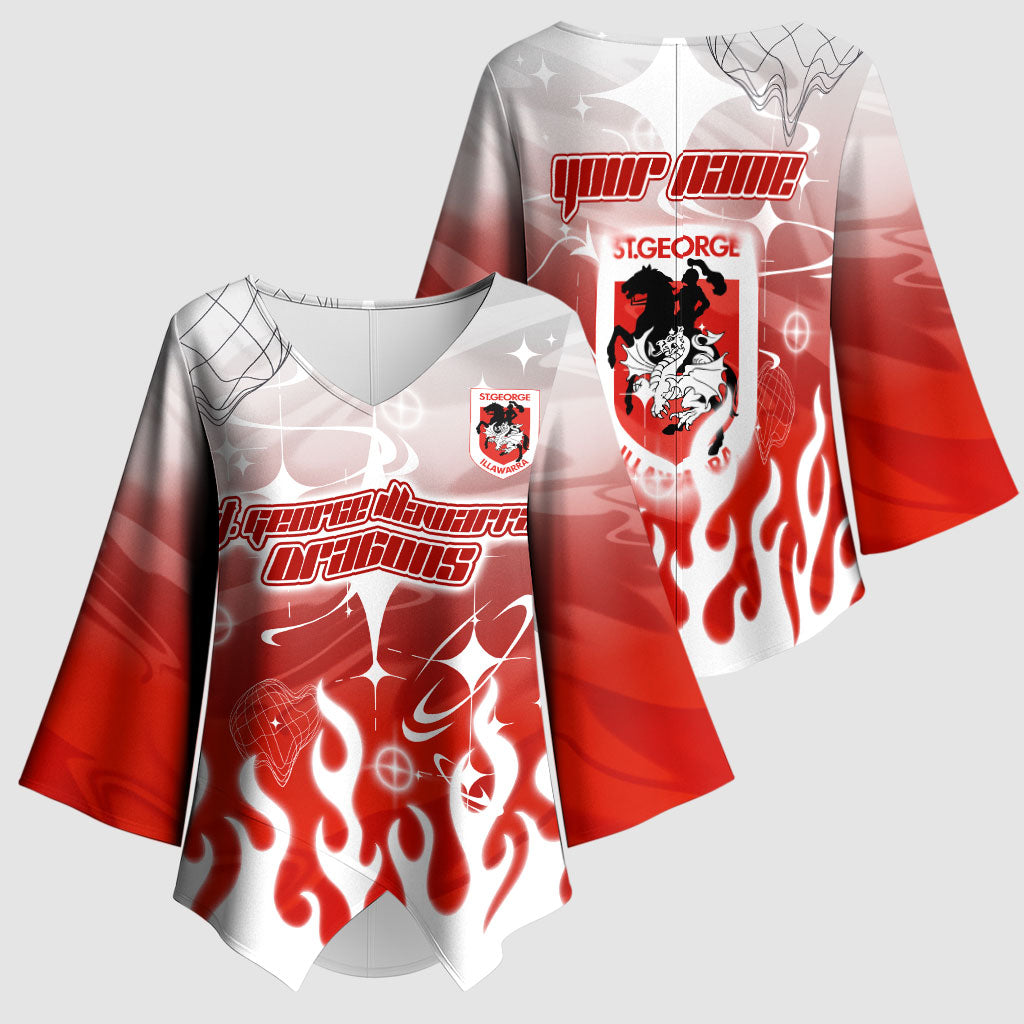 Personalized St. George Illawarra Dragons Kimono Sleeve Blouse Y2K Grunge Aesthetic With Cyber Flames and Starburst Graphics