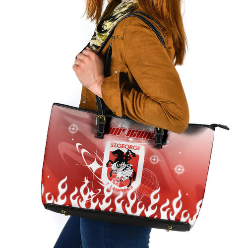 Personalized St. George Illawarra Dragons Leather Tote Bag Y2K Grunge Aesthetic With Cyber Flames and Starburst Graphics