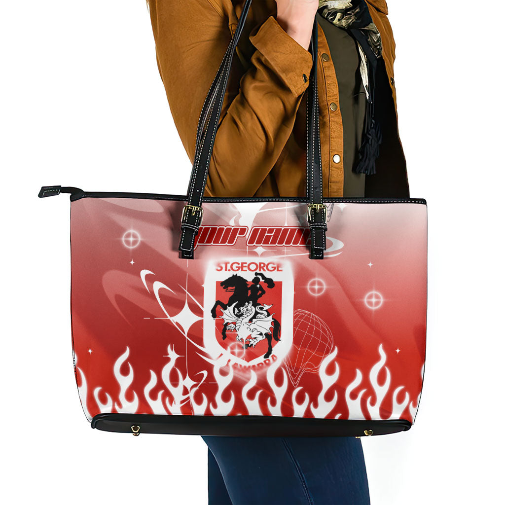 Personalized St. George Illawarra Dragons Leather Tote Bag Y2K Grunge Aesthetic With Cyber Flames and Starburst Graphics