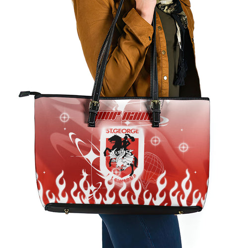 Personalized St. George Illawarra Dragons Leather Tote Bag Y2K Grunge Aesthetic With Cyber Flames and Starburst Graphics