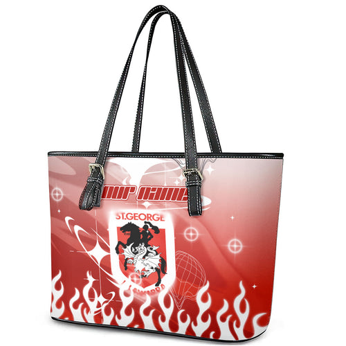 Personalized St. George Illawarra Dragons Leather Tote Bag Y2K Grunge Aesthetic With Cyber Flames and Starburst Graphics