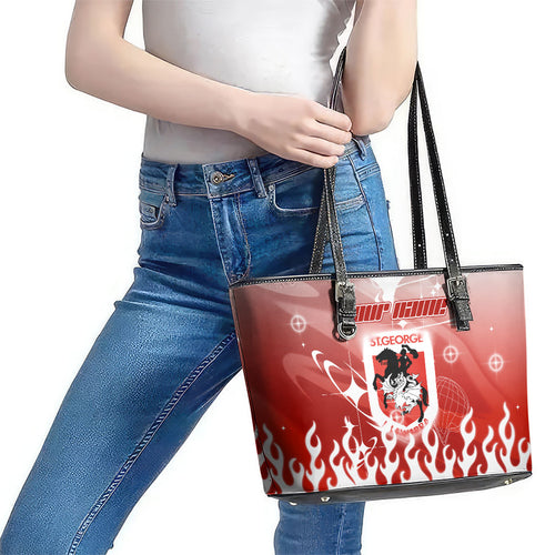 Personalized St. George Illawarra Dragons Leather Tote Bag Y2K Grunge Aesthetic With Cyber Flames and Starburst Graphics