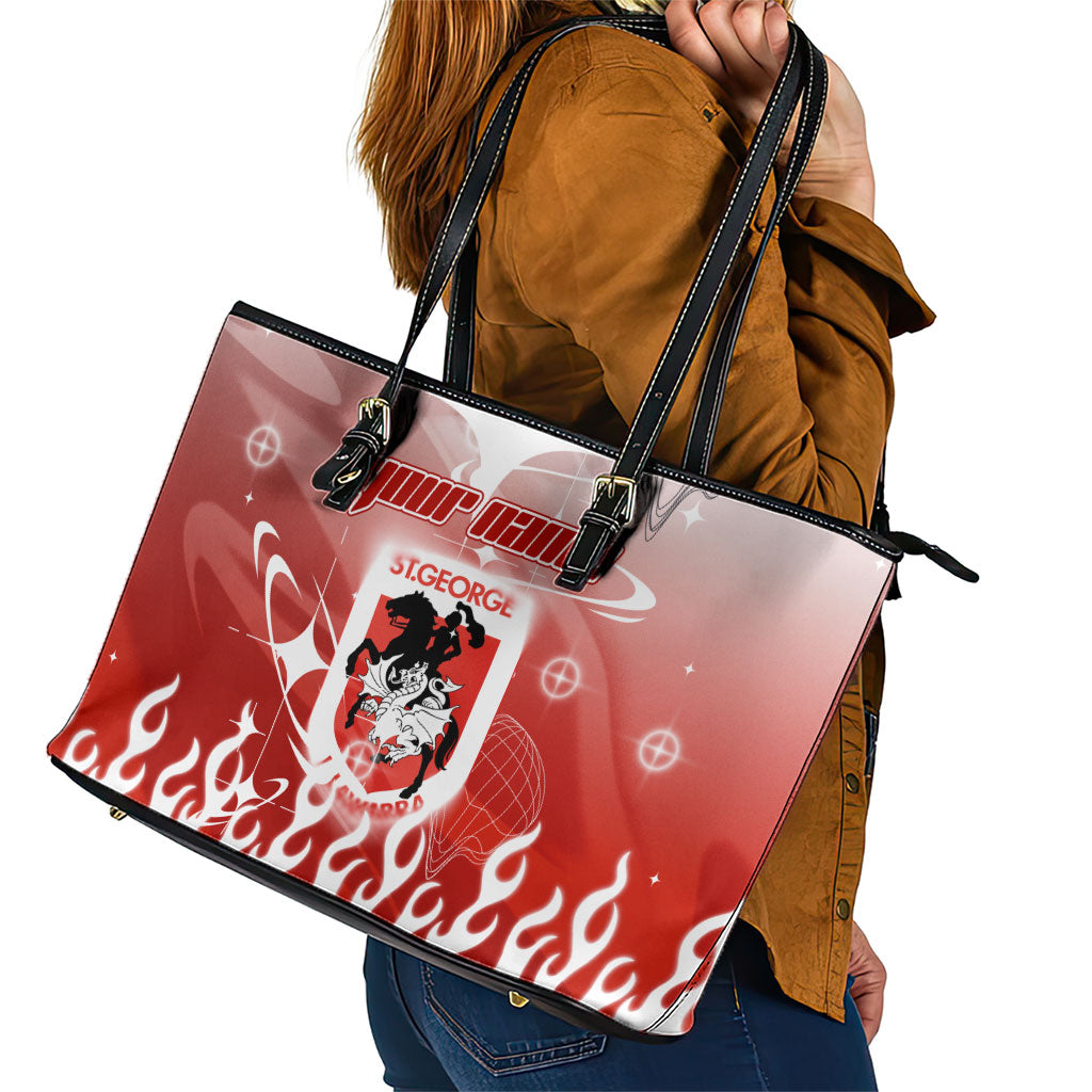 Personalized St. George Illawarra Dragons Leather Tote Bag Y2K Grunge Aesthetic With Cyber Flames and Starburst Graphics