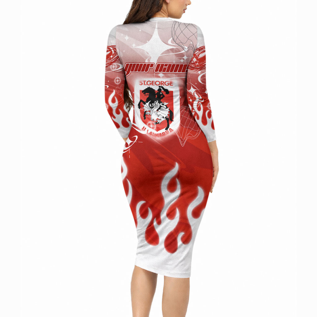 Personalized St. George Illawarra Dragons Long Sleeve Bodycon Dress Y2K Grunge Aesthetic With Cyber Flames and Starburst Graphics