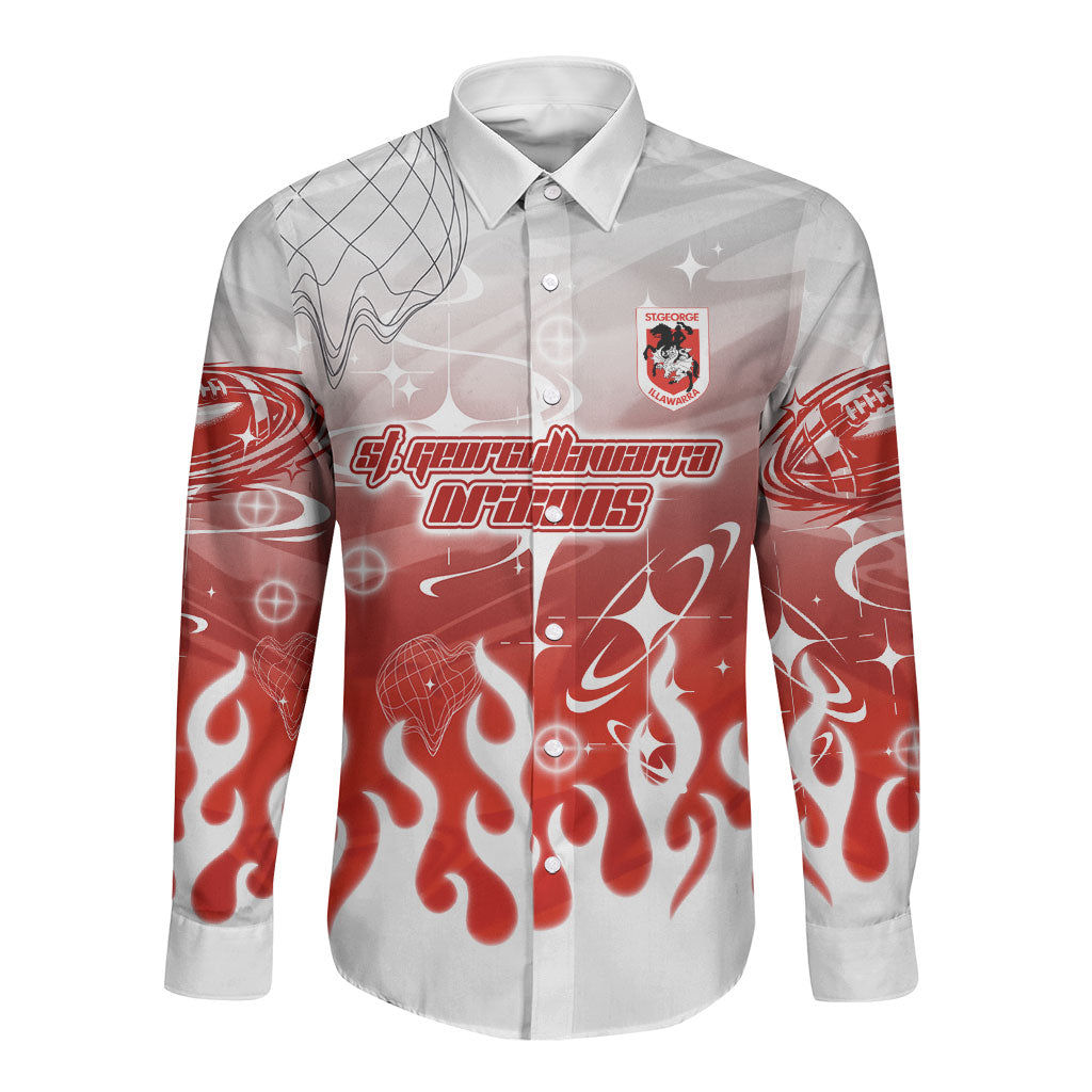 Personalized St. George Illawarra Dragons Long Sleeve Button Shirt Y2K Grunge Aesthetic With Cyber Flames and Starburst Graphics