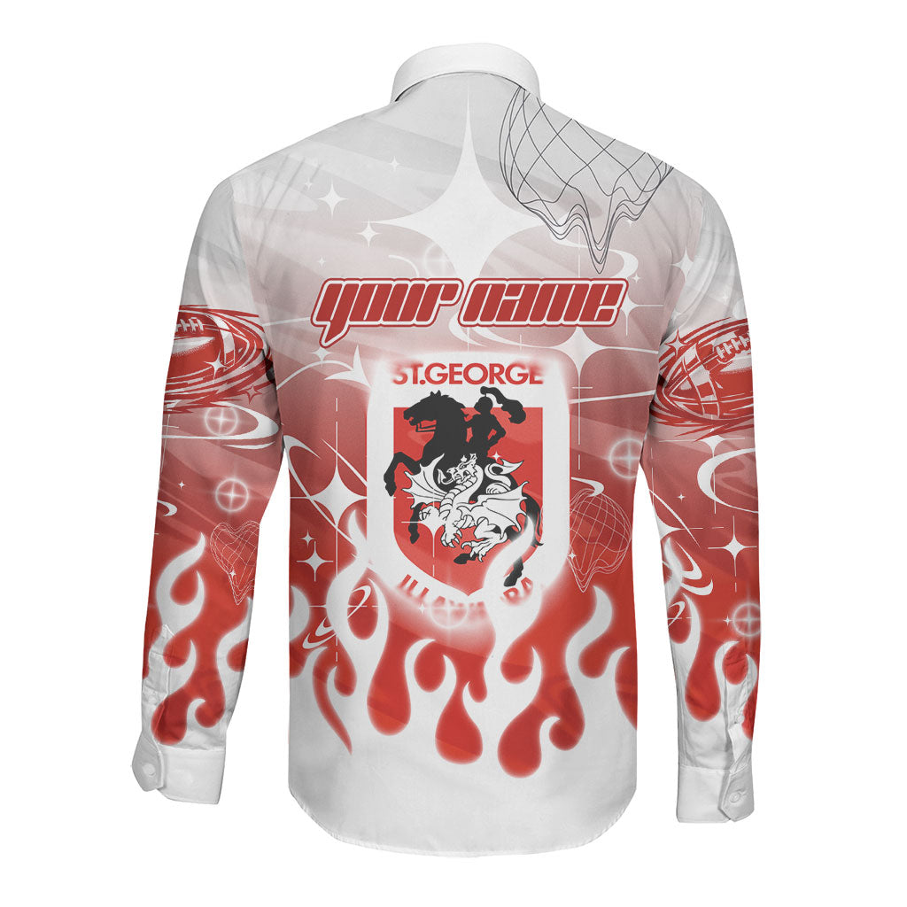 Personalized St. George Illawarra Dragons Long Sleeve Button Shirt Y2K Grunge Aesthetic With Cyber Flames and Starburst Graphics