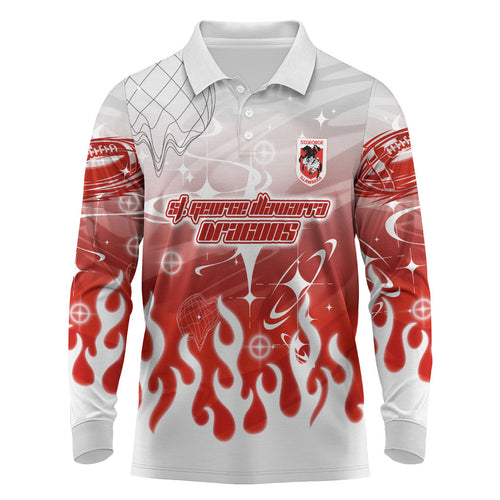 Personalized St. George Illawarra Dragons Long Sleeve Polo Shirt Y2K Grunge Aesthetic With Cyber Flames and Starburst Graphics