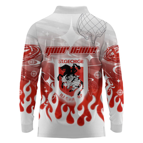 Personalized St. George Illawarra Dragons Long Sleeve Polo Shirt Y2K Grunge Aesthetic With Cyber Flames and Starburst Graphics