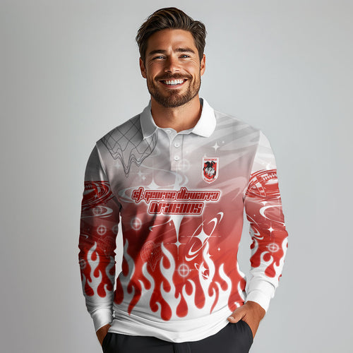 Personalized St. George Illawarra Dragons Long Sleeve Polo Shirt Y2K Grunge Aesthetic With Cyber Flames and Starburst Graphics
