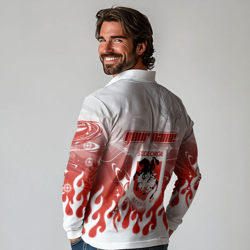 Personalized St. George Illawarra Dragons Long Sleeve Polo Shirt Y2K Grunge Aesthetic With Cyber Flames and Starburst Graphics