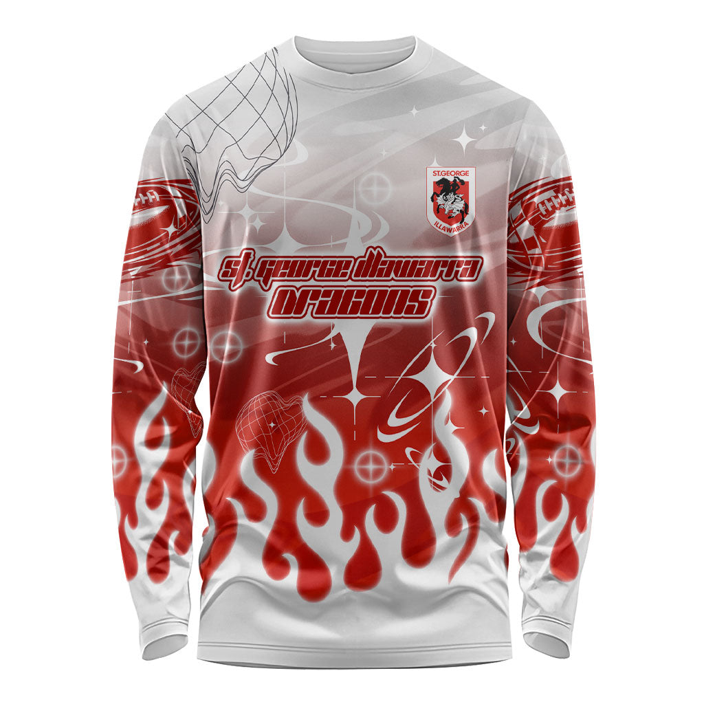 Personalized St. George Illawarra Dragons Long Sleeve Shirt Y2K Grunge Aesthetic With Cyber Flames and Starburst Graphics