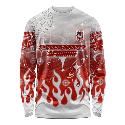 Personalized St. George Illawarra Dragons Long Sleeve Shirt Y2K Grunge Aesthetic With Cyber Flames and Starburst Graphics