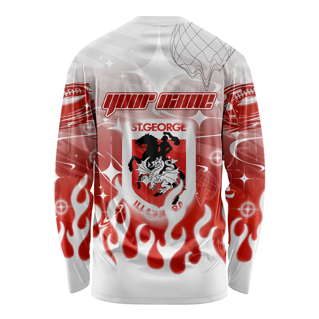 Personalized St. George Illawarra Dragons Long Sleeve Shirt Y2K Grunge Aesthetic With Cyber Flames and Starburst Graphics