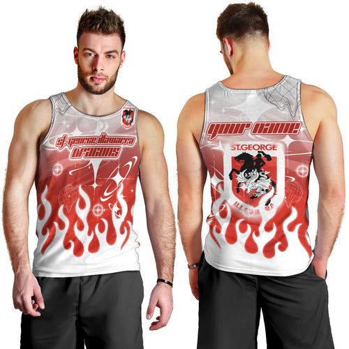 Personalized St. George Illawarra Dragons Men Tank Top Y2K Grunge Aesthetic With Cyber Flames and Starburst Graphics