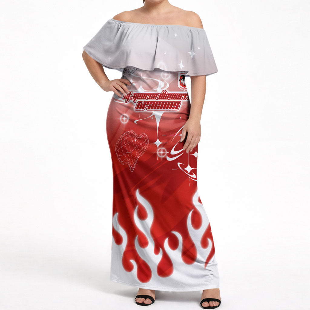 Personalized St. George Illawarra Dragons Off Shoulder Maxi Dress Y2K Grunge Aesthetic With Cyber Flames and Starburst Graphics