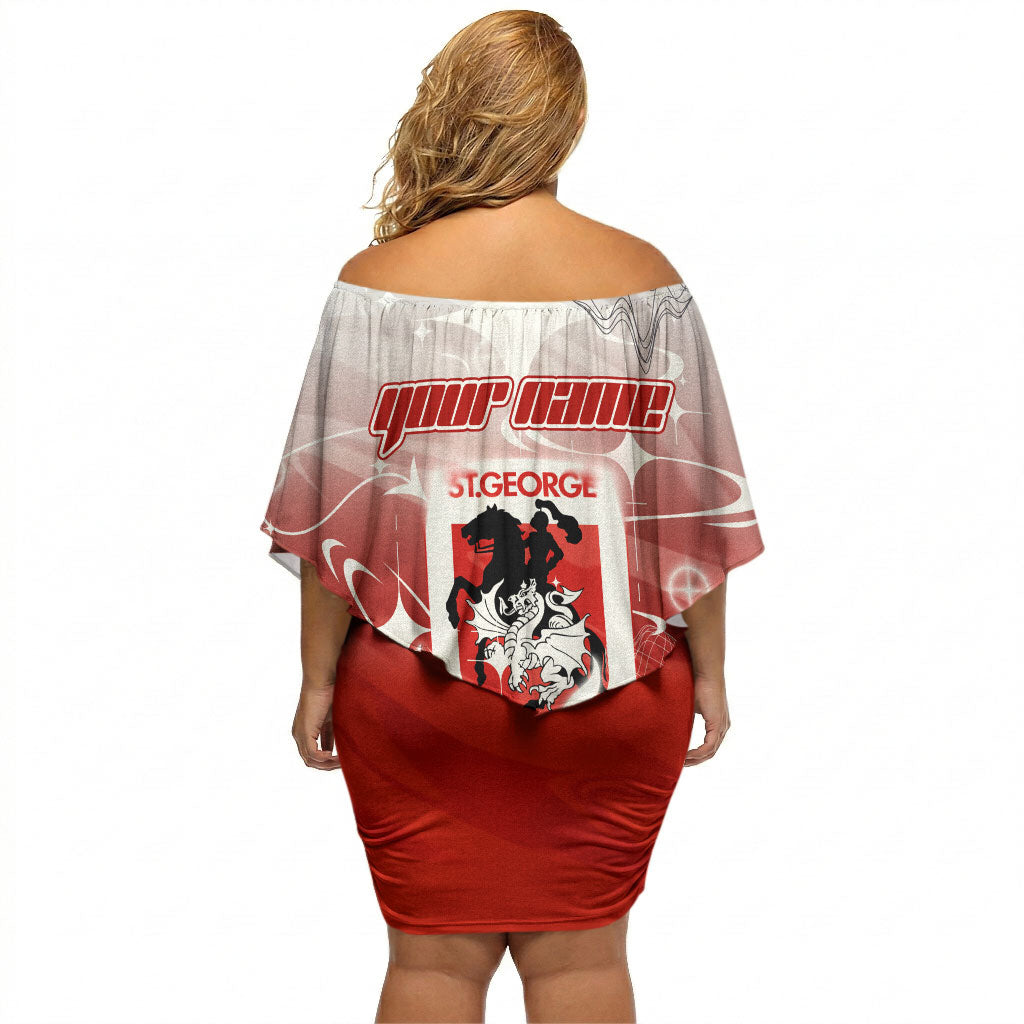 Personalized St. George Illawarra Dragons Off Shoulder Short Dress Y2K Grunge Aesthetic With Cyber Flames and Starburst Graphics