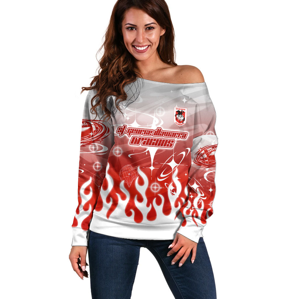 Personalized St. George Illawarra Dragons Off Shoulder Sweater Y2K Grunge Aesthetic With Cyber Flames and Starburst Graphics