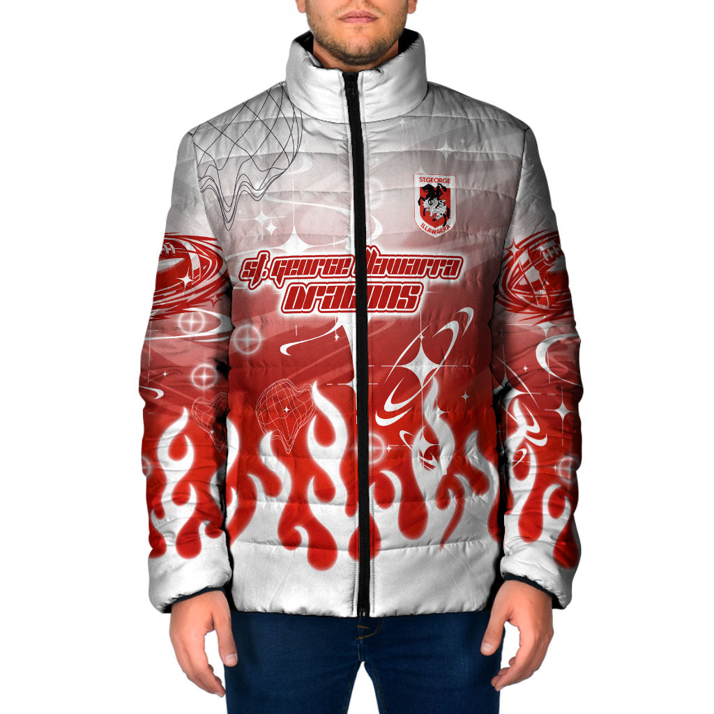 Personalized St. George Illawarra Dragons Padded Jacket Y2K Grunge Aesthetic With Cyber Flames and Starburst Graphics