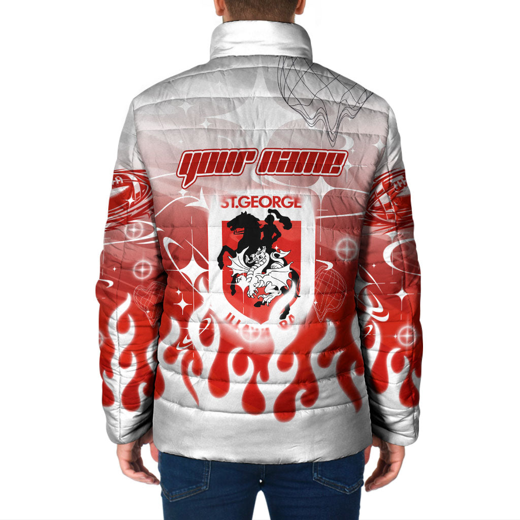 Personalized St. George Illawarra Dragons Padded Jacket Y2K Grunge Aesthetic With Cyber Flames and Starburst Graphics