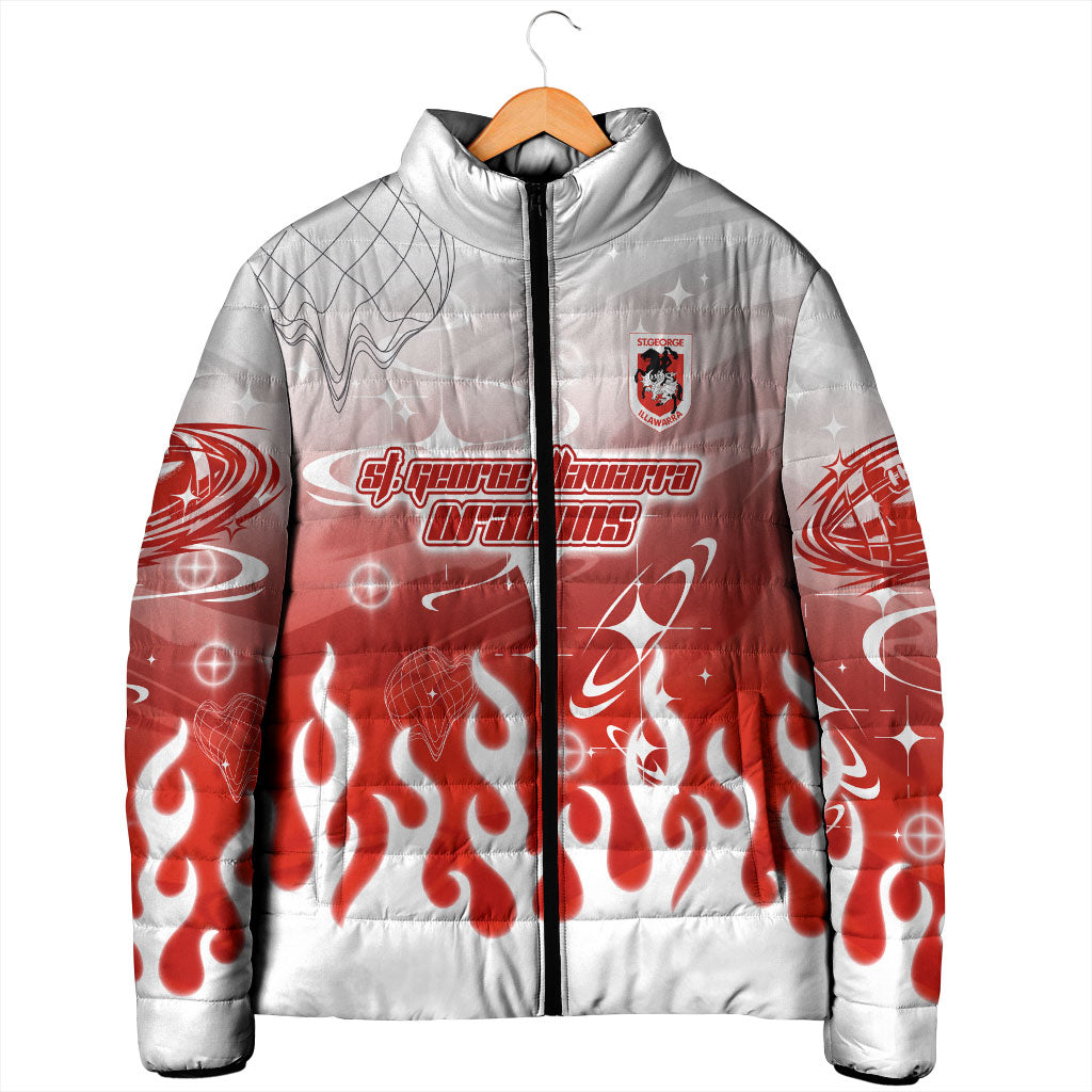 Personalized St. George Illawarra Dragons Padded Jacket Y2K Grunge Aesthetic With Cyber Flames and Starburst Graphics