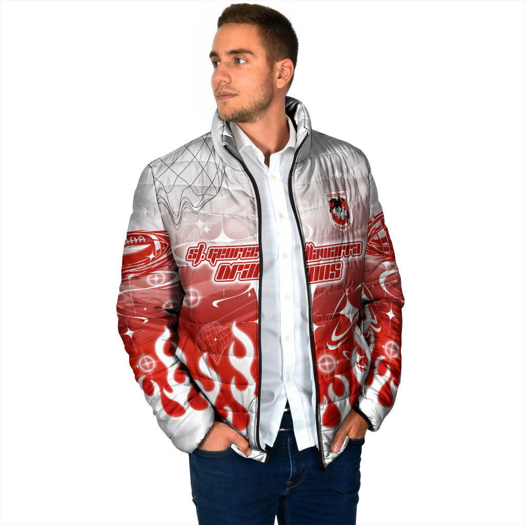 Personalized St. George Illawarra Dragons Padded Jacket Y2K Grunge Aesthetic With Cyber Flames and Starburst Graphics