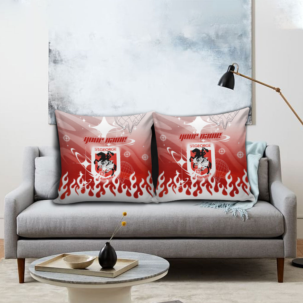 Personalized St. George Illawarra Dragons Pillow Cover Y2K Grunge Aesthetic With Cyber Flames and Starburst Graphics