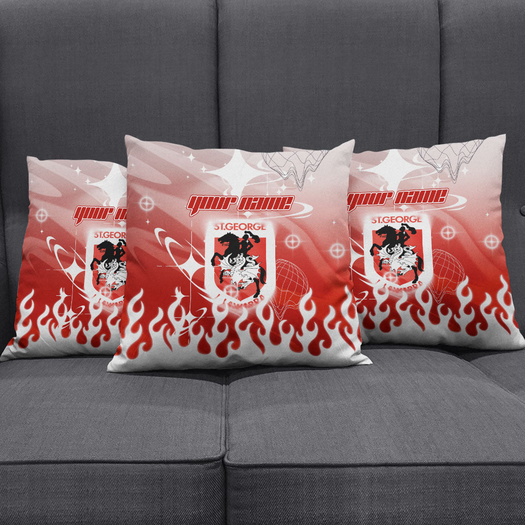 Personalized St. George Illawarra Dragons Pillow Cover Y2K Grunge Aesthetic With Cyber Flames and Starburst Graphics