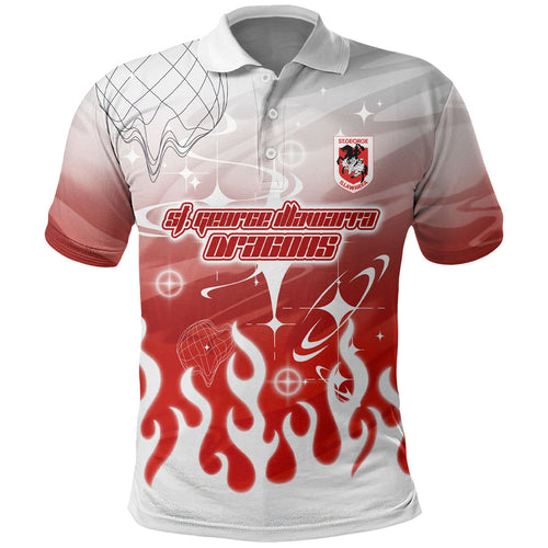 Personalized St. George Illawarra Dragons Polo Shirt Y2K Grunge Aesthetic With Cyber Flames and Starburst Graphics