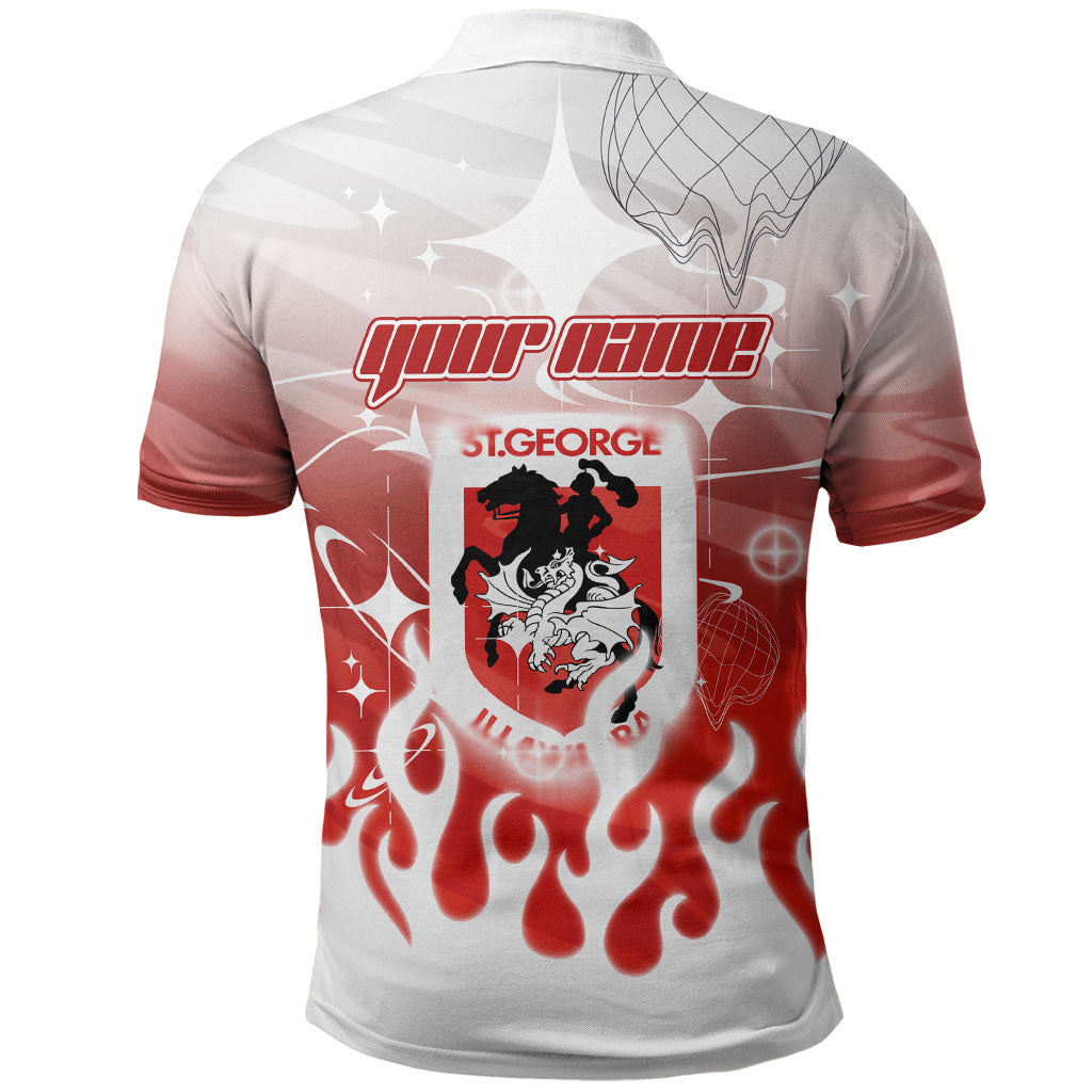 Personalized St. George Illawarra Dragons Polo Shirt Y2K Grunge Aesthetic With Cyber Flames and Starburst Graphics