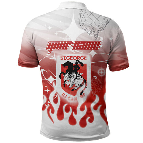 Personalized St. George Illawarra Dragons Polo Shirt Y2K Grunge Aesthetic With Cyber Flames and Starburst Graphics
