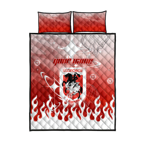 Personalized St. George Illawarra Dragons Quilt Bed Set Y2K Grunge Aesthetic With Cyber Flames and Starburst Graphics