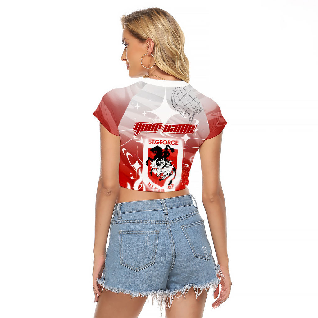 Personalized St. George Illawarra Dragons Raglan Cropped T Shirt Y2K Grunge Aesthetic With Cyber Flames and Starburst Graphics