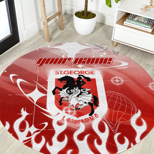 Personalized St. George Illawarra Dragons Round Carpet Y2K Grunge Aesthetic With Cyber Flames and Starburst Graphics