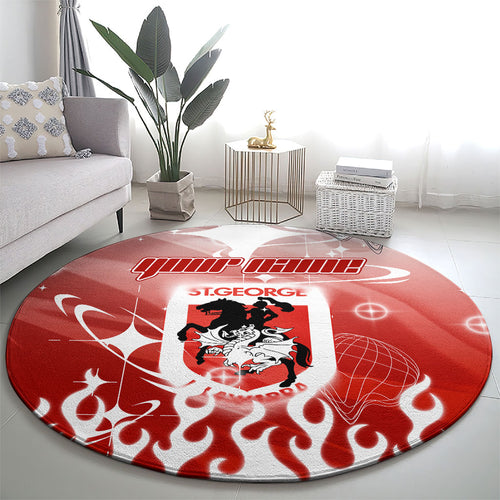 Personalized St. George Illawarra Dragons Round Carpet Y2K Grunge Aesthetic With Cyber Flames and Starburst Graphics