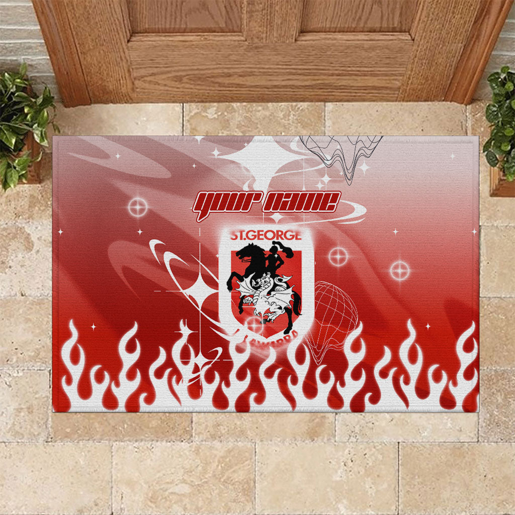 Personalized St. George Illawarra Dragons Rubber Doormat Y2K Grunge Aesthetic With Cyber Flames and Starburst Graphics