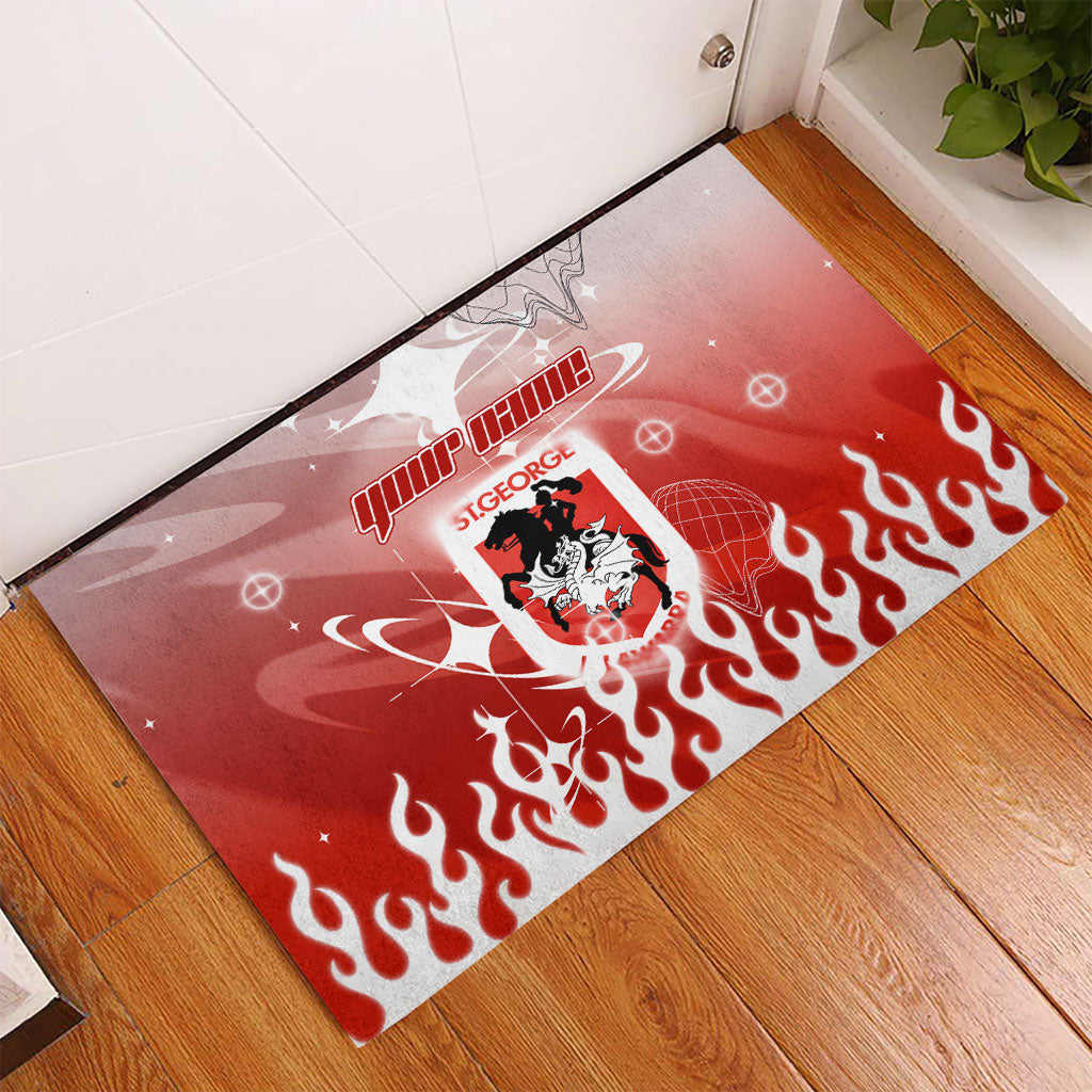 Personalized St. George Illawarra Dragons Rubber Doormat Y2K Grunge Aesthetic With Cyber Flames and Starburst Graphics