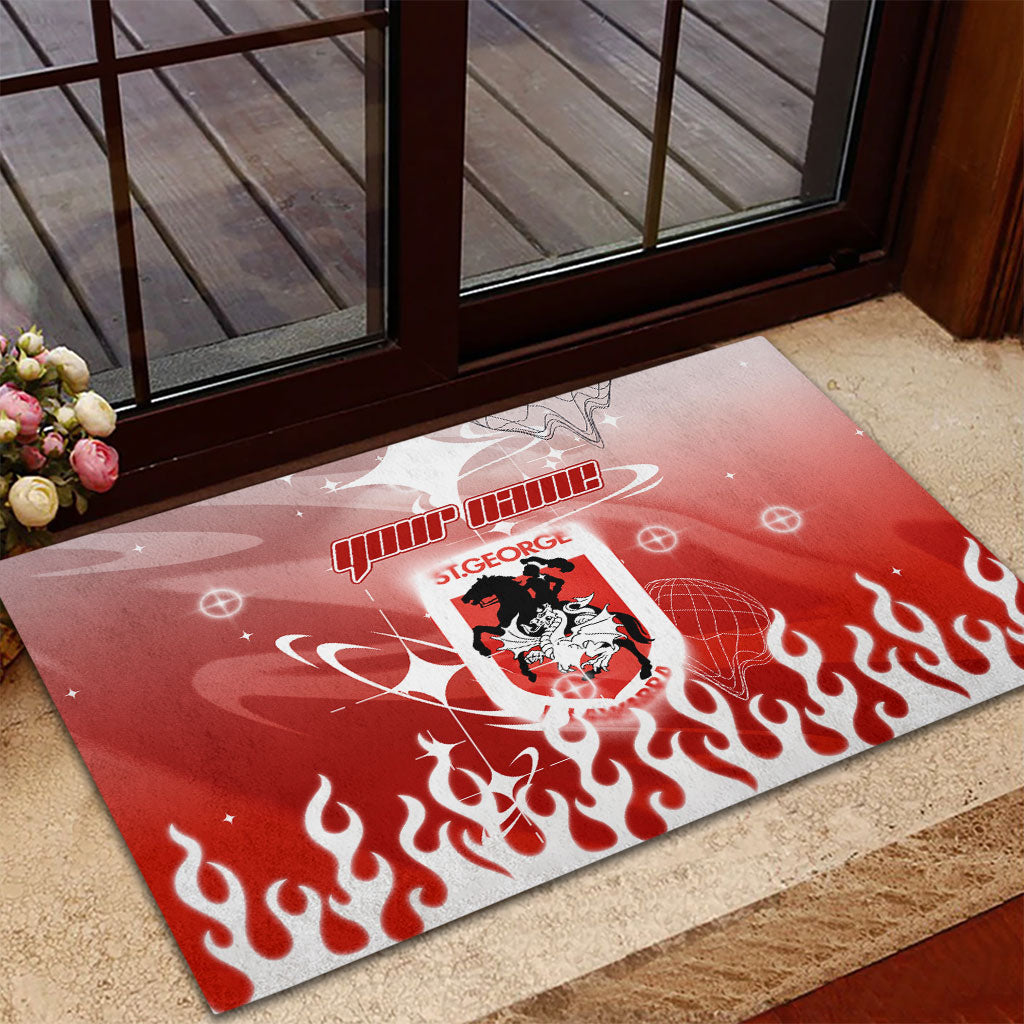 Personalized St. George Illawarra Dragons Rubber Doormat Y2K Grunge Aesthetic With Cyber Flames and Starburst Graphics